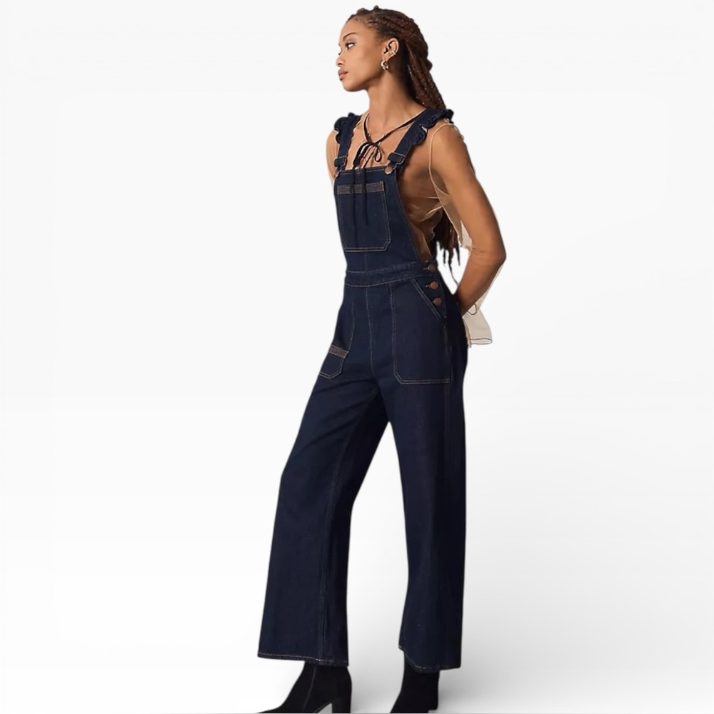 NWT Anthropologie SEVENTY + MOCHI ELODIE FRILL DUNGAREES Overalls Dark Blue Sz 4